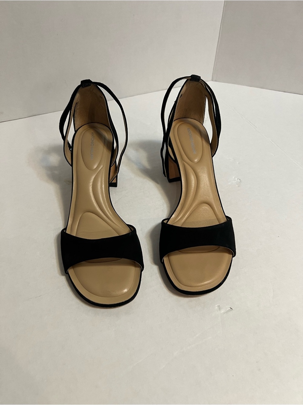 ANTONIO MELANI Black Suede Ankle-Tie Block Heel Sandals